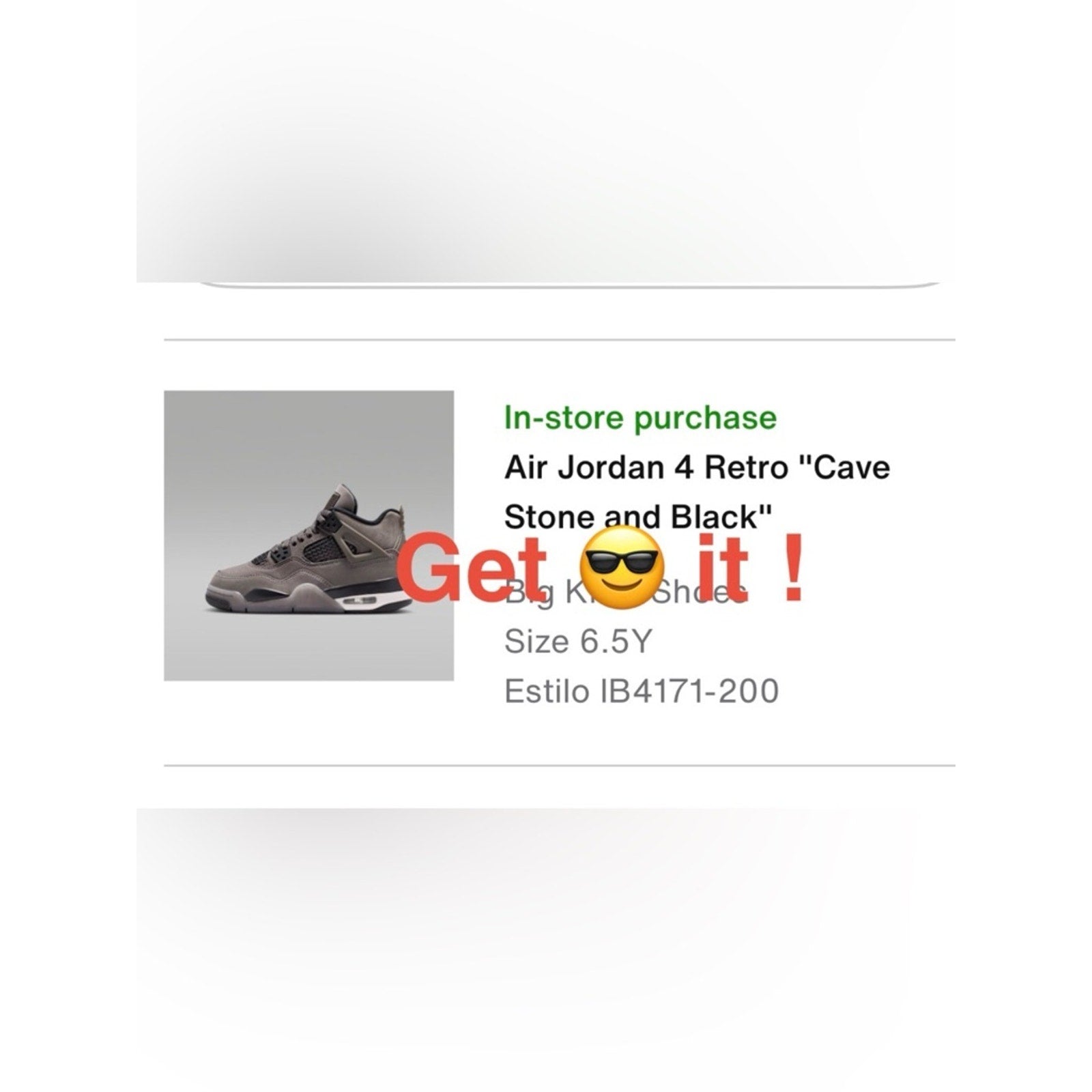 Air Jordan 4 Retro (Cave Stone & Black) Youth Shoes IB4171-200 Size 6.5 Y | W 8